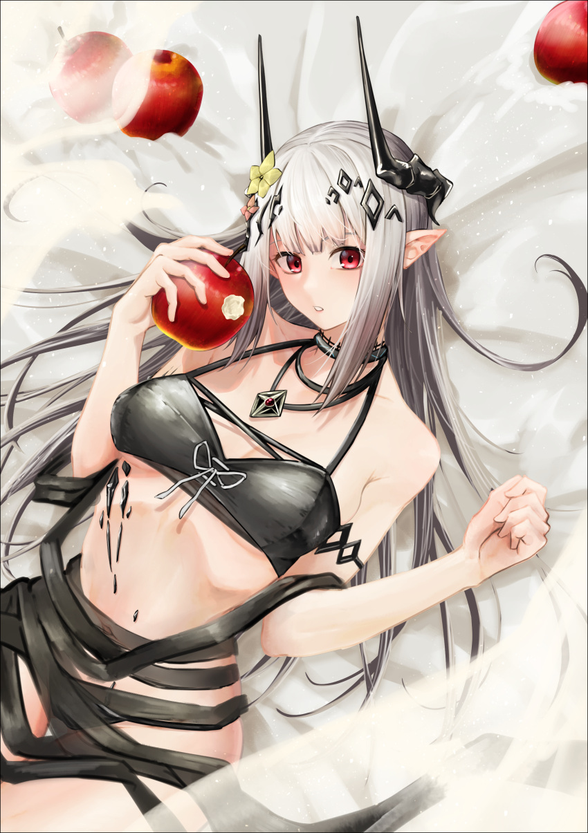 1girl absurdres apple arknights bikini black_bikini commentary_request cowboy_shot flower food fruit hair_flower hair_ornament hands_up highres holding holding_food holding_fruit horns kuromu long_hair looking_at_viewer mudrock_(arknights) mudrock_(silent_night)_(arknights) navel official_alternate_costume parted_lips pointy_ears red_eyes solo stomach swimsuit very_long_hair white_hair