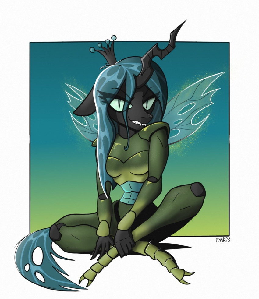 2_toes 5_fingers anthro anthrofied arthropod black_body black_skin changeling crown fangs feet female fingers friendship_is_magic fullmetaldreams green_hair hair hasbro headgear hi_res horn insect_wings long_hair long_horn looking_at_viewer my_little_pony pupils queen_chrysalis_(mlp) sharp_teeth sitting slit_pupils solo teeth toes wings