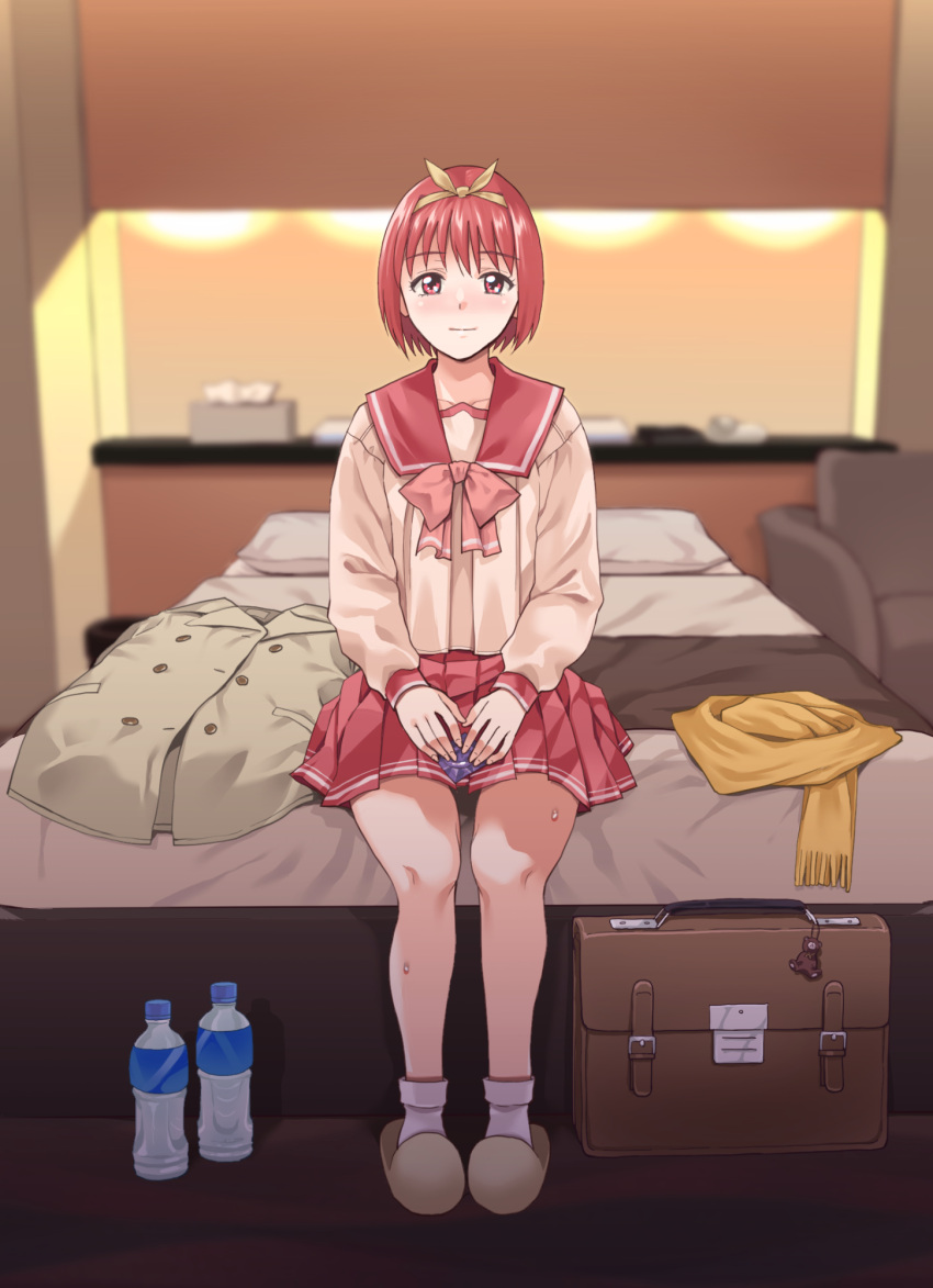 1girl bag_charm blurry blurry_background blush bob_cut bottle bow charm_(object) coat comiket_102 condom full_body hair_ribbon highres humiyou indoors kamigishi_akari looking_at_viewer love_hotel on_bed pink_bow pink_eyes pink_hair pink_skirt ribbon scarf school_uniform serafuku shirt short_hair sitting skirt slippers solo suitcase tissue_box to_heart to_heart_(series) uniform unworn_coat unworn_scarf water_bottle white_shirt yellow_ribbon yellow_scarf