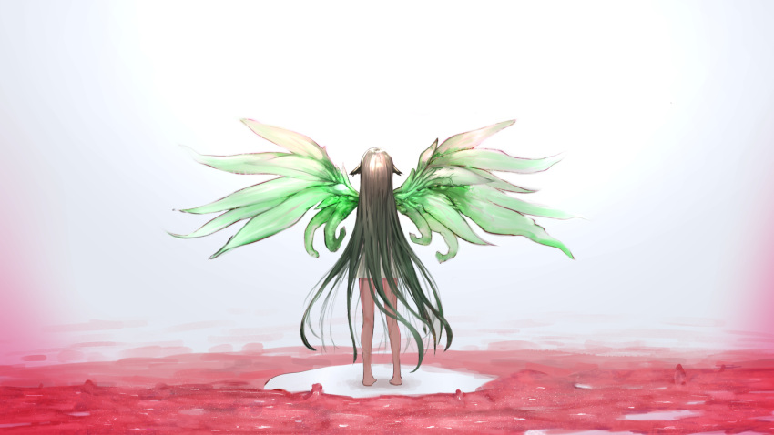 1girl barefoot blood commentary_request dress from_behind full_body green_hair green_wings hair_flaps highres long_hair saya_(saya_no_uta) saya_no_uta shokushi_yuu solo standing very_long_hair white_background white_dress wings