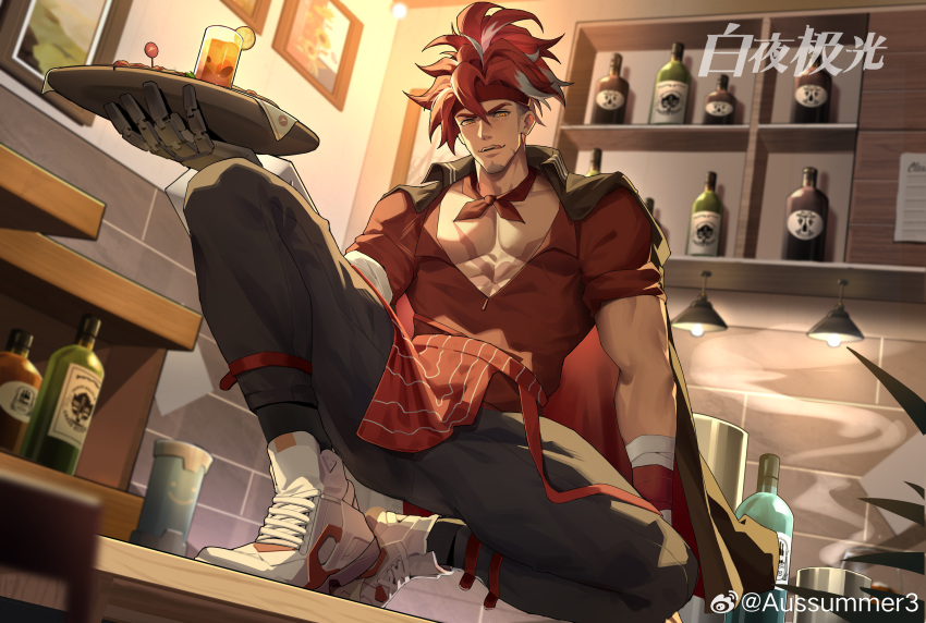 1boy absurdres ahoge alchemy_stars apron aussummer bara facial_hair from_below goatee headband highres long_hair looking_at_viewer male_focus mechanical_arms multicolored_hair muscular muscular_male pectoral_cleavage pectorals red_apron red_hair scar scar_on_chest seductive_smile shoes single_mechanical_arm sinsa_(alchemy_stars) smile sneakers solo spread_legs thick_eyebrows thick_thighs thighs waist_apron white_hair wide_spread_legs yellow_eyes