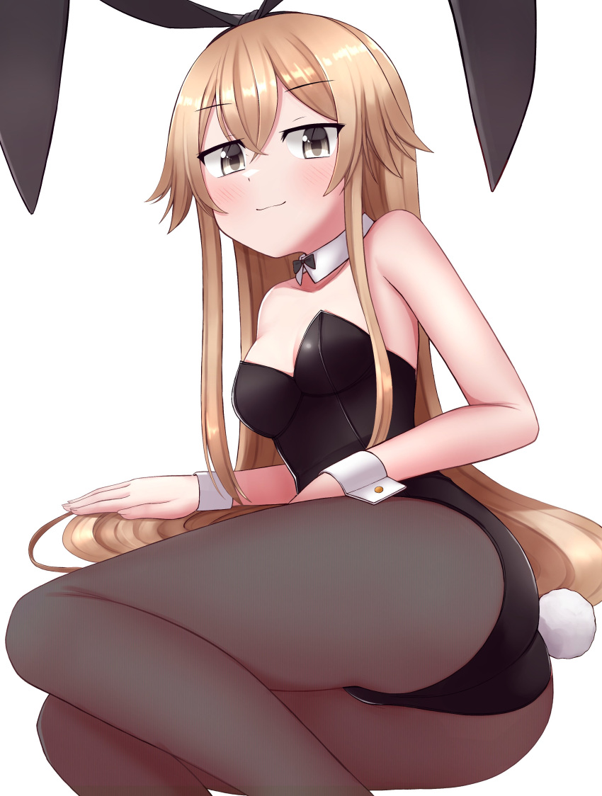 1girl 2023 absurdres black_leotard black_pantyhose blonde_hair blush closed_mouth commentary_request detached_collar feet_out_of_frame hair_between_eyes happy_new_year highres kantai_collection legs leotard long_hair pantyhose shimakaze_(kancolle) simple_background smile solo strapless strapless_leotard tiemu_(man190) white_background wrist_cuffs yellow_eyes