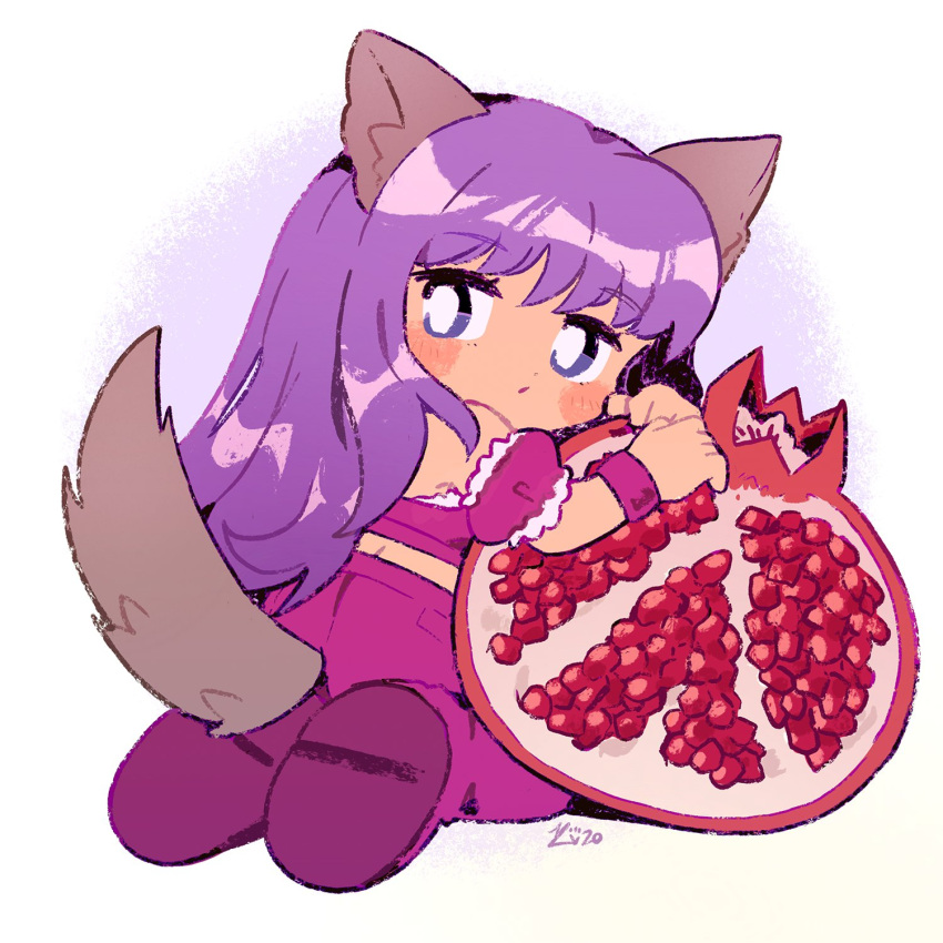 1girl animal_ears blush_stickers chibi commission detached_sleeves food fruit fujiwara_zakuro highres kitchupsandwich kneeling long_hair looking_back magical_girl mew_zakuro pomegranate puffy_detached_sleeves puffy_sleeves purple_eyes purple_footwear purple_hair purple_shirt purple_shorts purple_wristband shirt shorts signature simple_background solo tail tokyo_mew_mew white_background wolf_ears wolf_girl wolf_tail