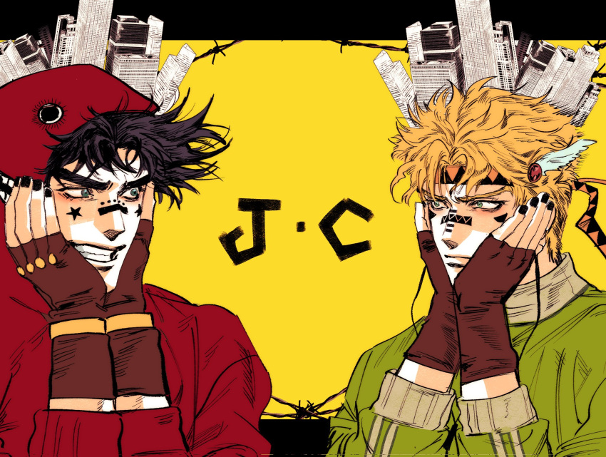 2boys battle_tendency black_nails blonde_hair blue_eyes brown_hair caesar_anthonio_zeppeli facial_mark feather_hair_ornament feathers fingerless_gloves gloves green_eyes green_jacket grin hair_ornament hands_on_own_face headband highres hood hood_up hooded_jacket hoodie jacket jojo_no_kimyou_na_bouken joseph_joestar joseph_joestar_(young) josukemanura korean_commentary looking_at_another male_focus matryoshka_(vocaloid) multiple_boys muscular parody red_hoodie short_hair smile teeth upper_body yellow_background