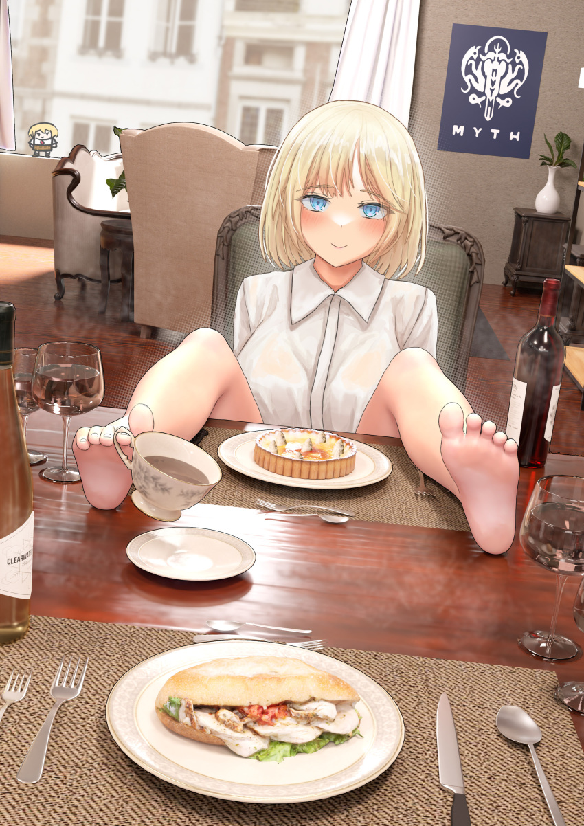 1girl absurdres andy2465 barefoot blonde_hair blue_eyes blush breasts feet feet_on_table food highres hololive hololive_english looking_at_viewer shirt short_hair smile solo tagme toes virtual_youtuber watson_amelia