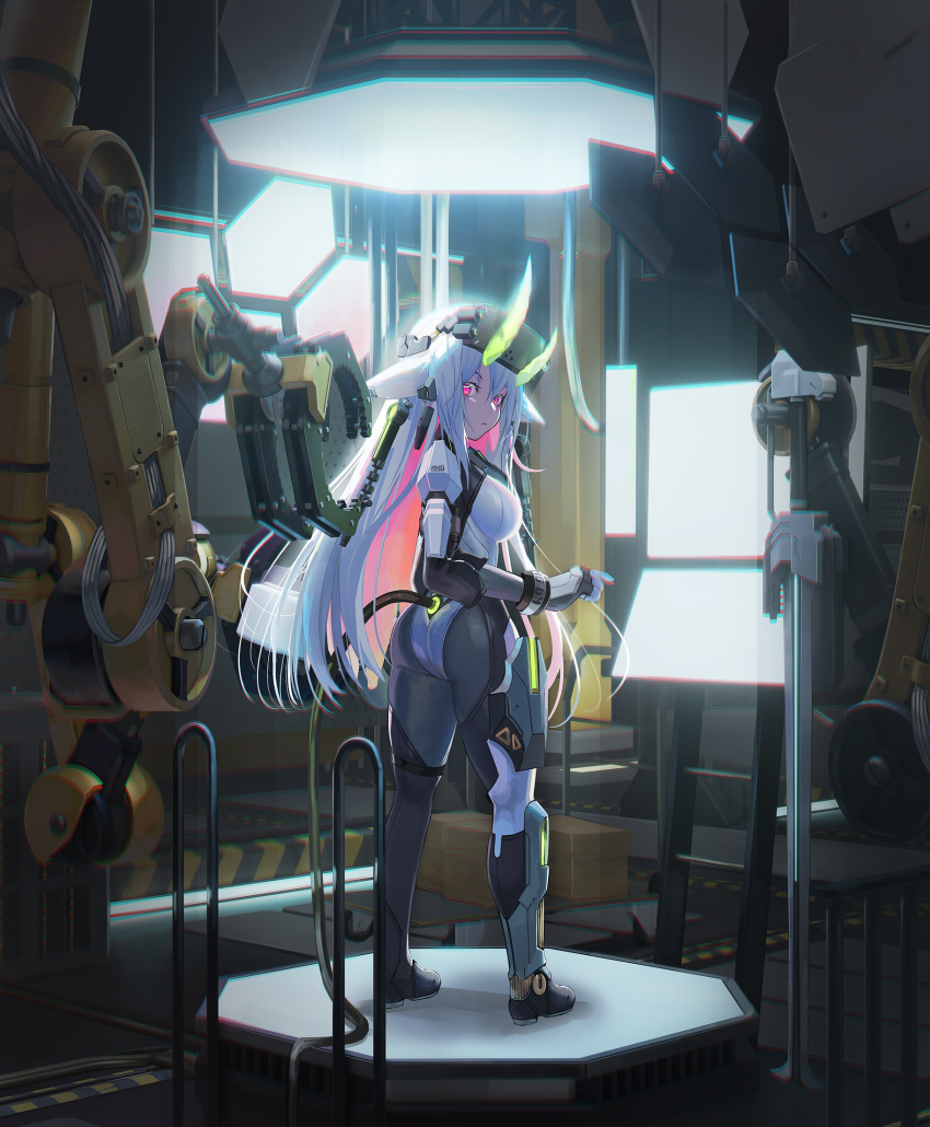 1girl :&lt; ass black_gloves blue_hair breasts closed_mouth commentary_request elbow_gloves from_behind gloves hair_between_eyes highres horns indoors ladder leotard looking_at_viewer looking_back mecha_musume medium_breasts monitor multicolored_hair natori_youkai original pink_hair purple_eyes solo standing two-tone_hair white_leotard