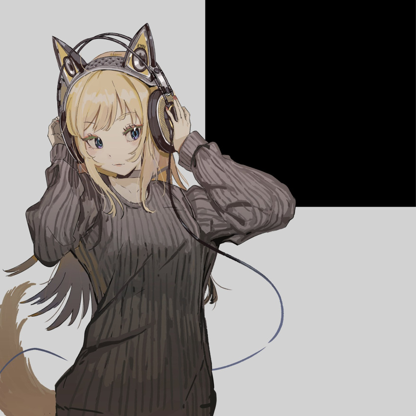 1girl animal_ear_headphones animal_ears blonde_hair blue_eyes breasts cable closed_mouth commentary dog_tail english_commentary fake_animal_ears grey_background grey_choker grey_sweater hands_on_headphones hands_up headphones highres kmnz long_hair long_sleeves mc_lita medium_breasts seimannu smile solo sweater tail upper_body virtual_youtuber