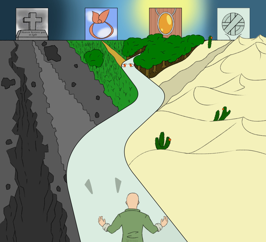 2023 absurd_res anon_(snoot_game) anthro bald cactus clothing dated desert detailed_background digital_drawing_(artwork) digital_media_(artwork) dinosaur duo fang_(gvh) female fingers forest goodbye_volcano_high grey_body grey_scales hi_res human jacket light-skinned_male light_body light_skin long_snout male mammal path plant pterodactylus pterosaur reptile scales scalie signature snoot_game snout topwear tree yellingbox