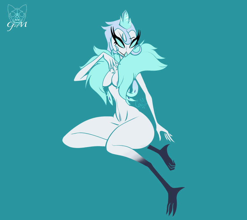 andrealphus_(helluva_boss) anthro areola avian beak bird blue_background blue_hair breasts claws crossgender feathers gatojack3 hair helluva_boss hi_res nude owl owl_demon seductive short_hair simple_background sitting skinny_female small_waist smile solo thick_thighs wasp_waist white_body white_feathers