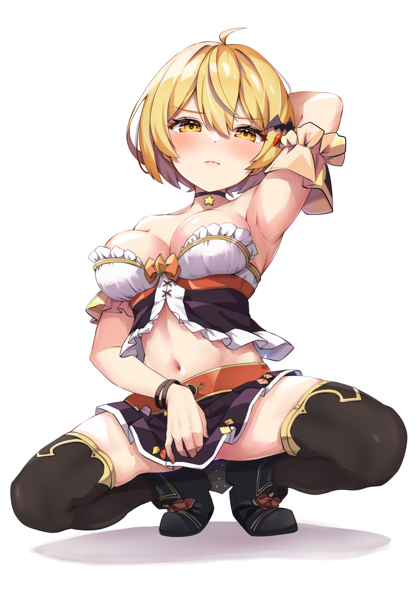 1girl absurdres ahoge armpits bare_shoulders bat_hair_ornament black_choker black_footwear black_skirt black_thighhighs blonde_hair blush bracelet breasts choker cleavage collarbone detached_sleeves frills hair_ornament highres hololive jewelry large_breasts looking_at_viewer navel short_hair short_sleeves skirt squatting strapless thighhighs tmo-cat virtual_youtuber white_background yozora_mel yozora_mel_(1st_costume)