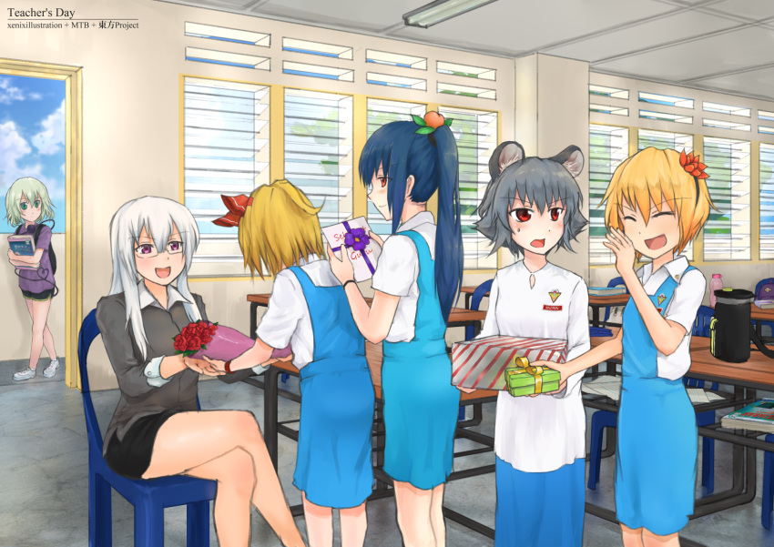 6+girls akijk6 animal_ears apron bag black_skirt blonde_hair blue_apron blue_skirt book chair classroom crossed_legs flower food-themed_hair_ornament gift glasses green_eyes green_hair grey_shirt hair_flower hair_ornament highres hinanawi_tenshi holding holding_book holding_flower holding_gift kamishirasawa_keine komeiji_koishi looking_at_another malaysia mouse_ears mouse_girl multiple_girls nazrin open_mouth peach_hair_ornament ponytail purple_eyes red_eyes rumia school_bag school_uniform shirt short_hair sitting skirt sky smile teacher teacher_and_student teachers'_day toramaru_shou touhou uniform white_hair white_shirt window