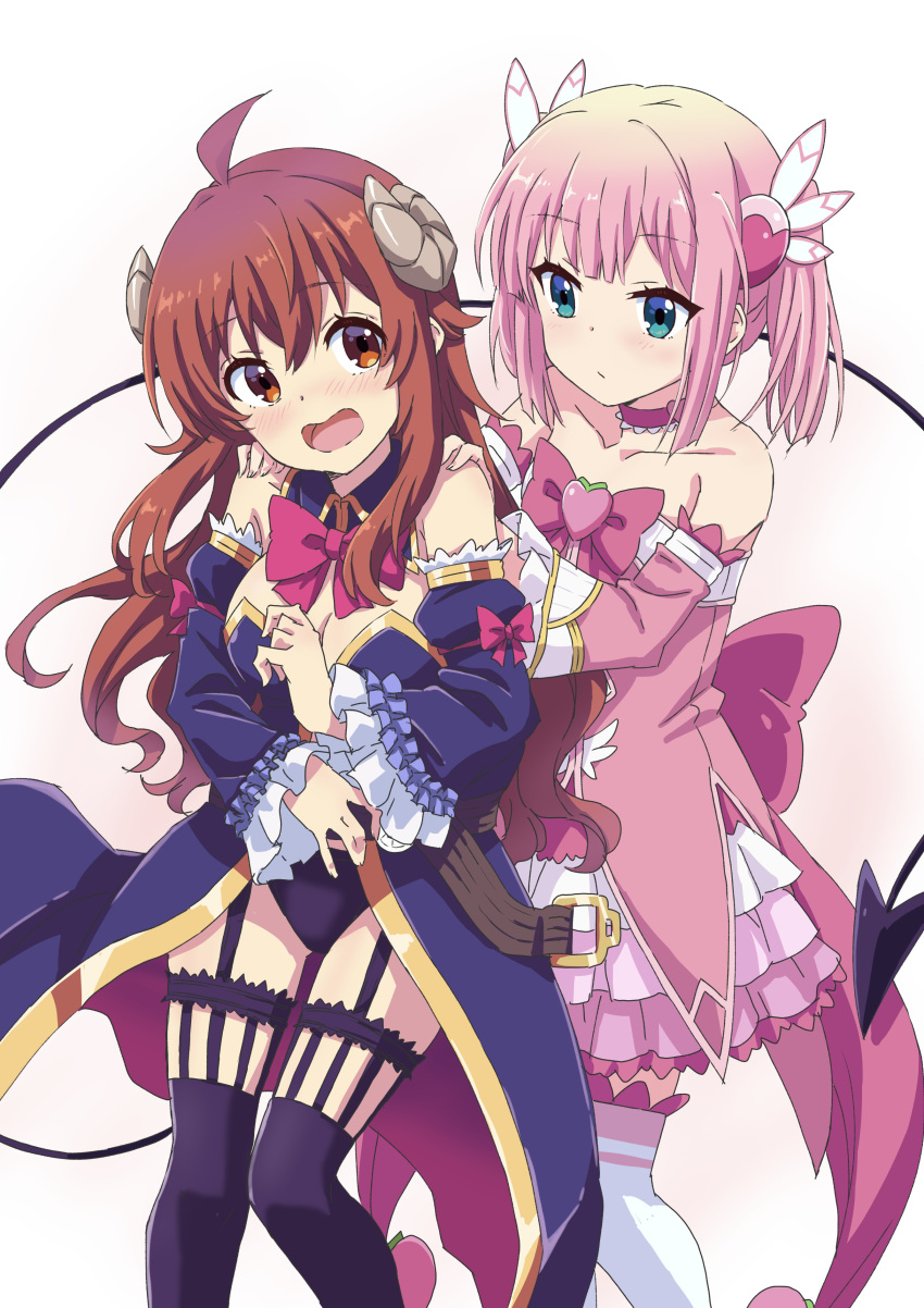 2girls absurdres ahoge bare_shoulders belt blue_leotard blush bow breasts chiyoda_momo choker cleavage closed_mouth demon_girl demon_tail detached_collar detached_sleeves dress feet_out_of_frame garter_straps hair_ornament hands_on_another's_shoulders highres horns layered_skirt leotard long_hair looking_at_another machikado_mazoku medium_breasts multiple_girls open_mouth orange_eyes pink_bow pink_dress pink_hair purple_thighhighs red_hair sekiya_kuzuyu short_hair skirt standing tail thighhighs white_background white_thighhighs yoshida_yuuko_(machikado_mazoku)