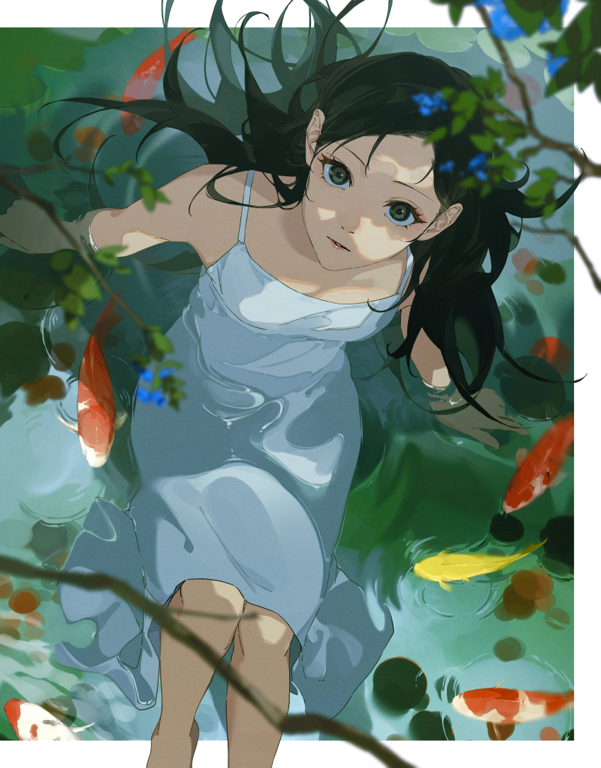 1girl absurdres animal arm_support bare_shoulders black_hair blue_flower blurry branch breasts dappled_sunlight depth_of_field dress feet_out_of_frame fish flower from_above highres knees_up koi long_hair looking_at_viewer oekaki_taro original outside_border parted_lips partially_submerged pond ripples sitting sleeveless sleeveless_dress small_breasts solo sundress sunlight water wet white_dress