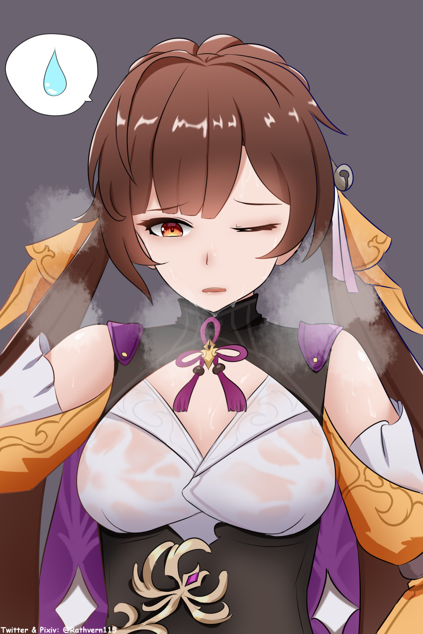1girl absurdres alternate_breast_size blunt_bangs breasts chinese_clothes cleavage clothing_cutout covered_nipples detached_sleeves english_commentary eyelashes grey_background hair_ornament highres honkai:_star_rail honkai_(series) large_breasts long_hair looking_down medium_breasts one_eye_closed open_mouth orange_eyes rathvern115 see-through shoulder_cutout signature simple_background spoken_sweatdrop steam steaming_body sushang_(honkai:_star_rail) sweat sweatdrop sweaty_clothes twintails upper_body very_sweaty yellow_sleeves