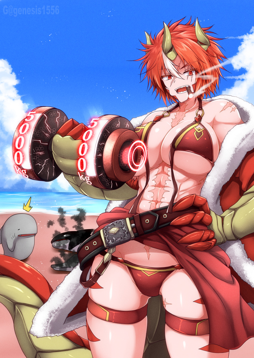1girl ^^^ abs artist_name bare_shoulders beach belt bikini blue_sky breasts burnt claws cleavage cloud collarbone commentary_request cowboy_shot day dein_(g_(genesis1556)) dragon_girl dragon_horns dragon_tail dumbbell fur-trimmed_jacket fur_trim g_(genesis1556) hair_between_eyes hand_on_own_hip highres holding holding_dumbbell horns jacket large_breasts looking_at_viewer monster_girl multicolored_hair navel ocean off_shoulder open_clothes open_jacket open_mouth orca original outdoors red_belt red_bikini red_eyes red_hair red_jacket scar scar_across_eye scar_on_arm scar_on_chest scar_on_face scar_on_leg scar_on_stomach shadow shark sharp_teeth short_hair sidelocks skindentation sky smoke smoking solo_focus standing stomach streaked_hair swimsuit tail teeth thigh_strap two-tone_hair untied_bikini waist_cape white_hair