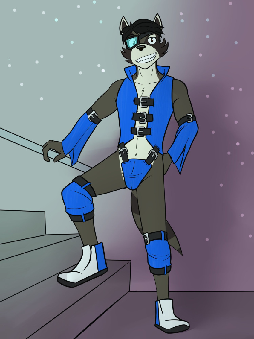 anthro clothed clothing footwear fuze hand_on_hip hi_res jde_ringtail male mammal navel procyonid raccoon shoes skimpy solo stairs step_pose