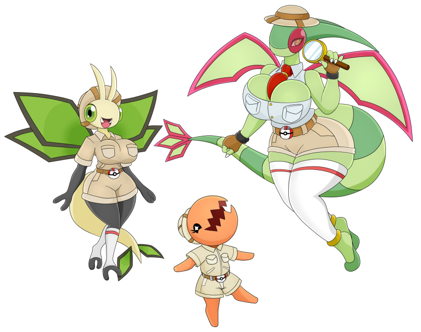 absurd_res antennae_(anatomy) anthro big_breasts black_eyes bottomwear breasts clothing female flygon generation_3_pokemon green_body green_eyes group handwear hat headgear headwear hi_res huge_breasts legwear magnifying_glass necktie nintendo orange_body pokemon pokemon_(species) shirt shorts simple_background stockings tail topwear trapinch trio urusee584 vibrava white_background wings yellow_body yellow_eyes