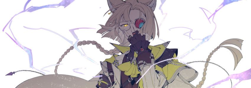 1boy adjusting_eyewear animal_ears ascot asymmetrical_bangs asymmetrical_eyewear black_gloves black_shirt blonde_hair blunt_ends braid brown_vest cape capelet collared_shirt covered_mouth diagonal_bangs earrings electricity energy erune fingerless_gloves frilled_sleeves frills glasses gloves glowing glowing_eye granblue_fantasy heterochromatic_eyewear highres jacket jewelry long_hair looking_at_viewer lu_woh_(granblue_fantasy) male_focus multiple_rings one_eye_covered ring shirt simple_background single_braid single_earring sleeve_cuffs solo story_clear striped striped_jacket upper_body vest white_background white_cape white_jacket yellow_ascot yellow_capelet yellow_eyes