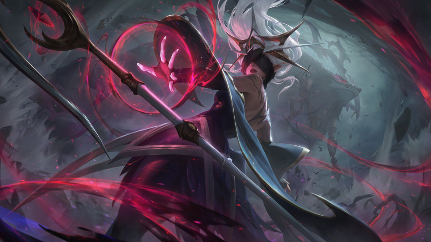 1girl bare_shoulders beard blindfold breasts coven_janna dress facial_hair facing_back floating floating_object from_behind highres janna_(league_of_legends) league_of_legends legends_of_runeterra long_hair long_sleeves medium_breasts monster official_art rubble sharp_teeth solo_focus staff tattoo teeth the_thousand-pierced_bear volibear white_hair