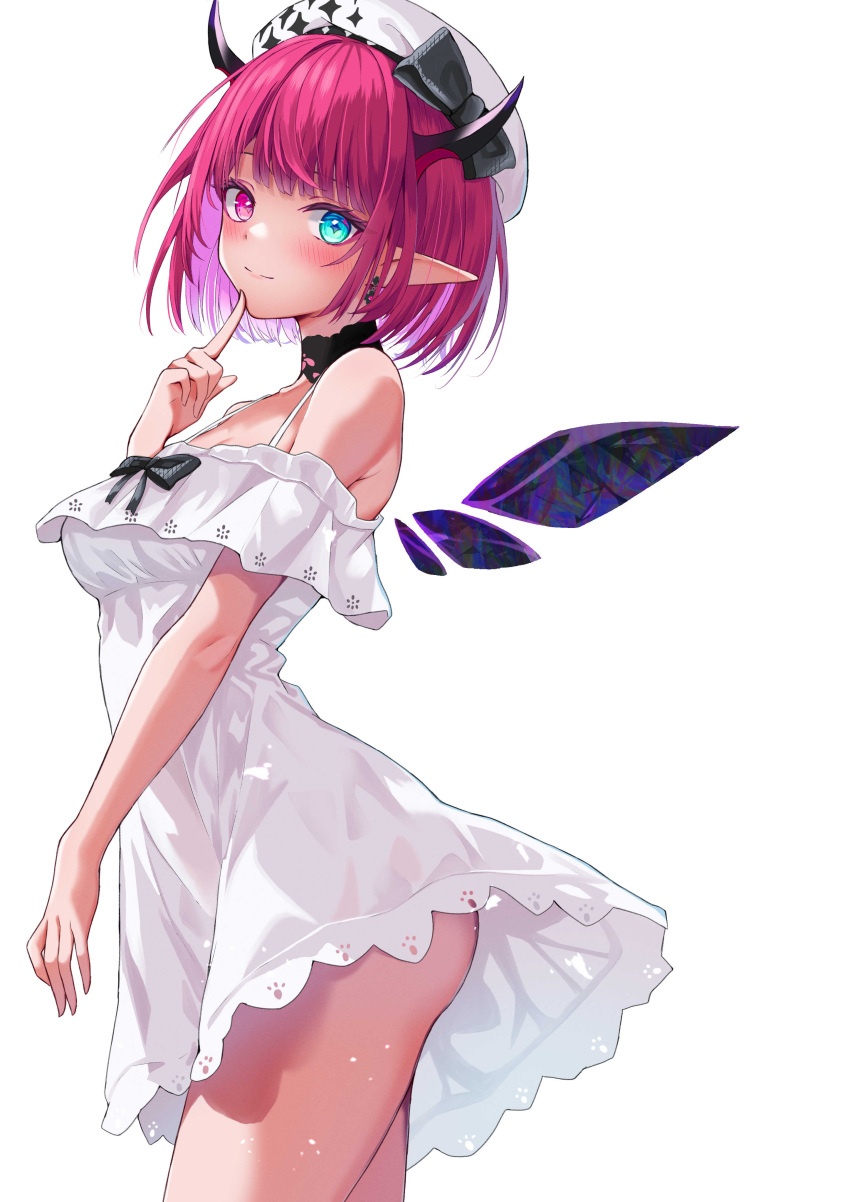 1girl absurdres bare_shoulders beret black_choker blue_eyes breasts camisole choker cleavage cowboy_shot cross-shaped_pupils crystal_wings double_halo dress earrings from_side halo hat heterochromia highres hololive horns irys_(3rd_costume)_(hololive) irys_(hololive) jewelry lace-trimmed_choker lace_trim looking_at_viewer medium_breasts medium_hair official_alternate_costume oniku_(o29sukizero) pink_eyes pointing pointing_at_self pointy_ears purple_hair short_dress simple_background smile solo sparkle_print star_halo symbol-shaped_pupils virtual_youtuber white_background white_dress