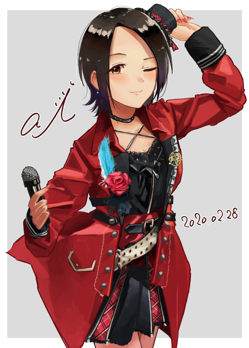 1girl absurdres belt black_choker black_hair black_shirt black_skirt blue_feathers breasts brown_eyes character_name choker cleavage closed_mouth collarbone corsage dated earrings feathers flower grey_background hand_up hat highres holding holding_microphone idolmaster idolmaster_cinderella_girls idolmaster_cinderella_girls_starlight_stage jacket jewelry long_sleeves medium_breasts microphone mini_hat nito_(ninjin) one_eye_closed open_clothes open_jacket pleated_skirt red_flower red_jacket red_rose rose shirt short_hair skirt smile solo togo_ai white_belt
