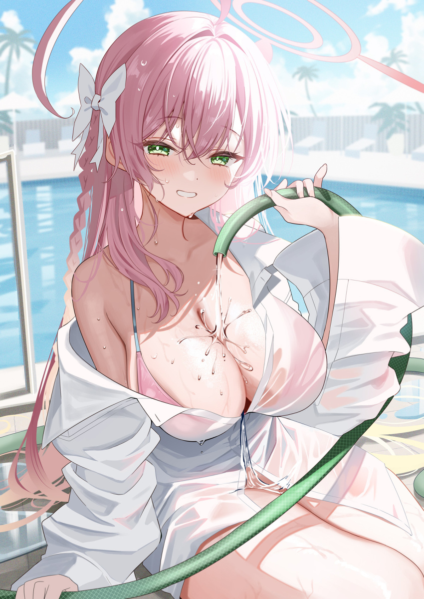1girl blue_archive blush bow braid breasts cleavage collared_shirt commentary_request green_eyes hair_bow hair_ornament halo hanako_(blue_archive) hanako_(swimsuit)_(blue_archive) highres holding holding_hose hose large_breasts long_hair long_sleeves outdoors parted_lips pink_hair piyopoyo pool shirt single_bare_shoulder sitting smile solo thighs water wet white_bow white_shirt
