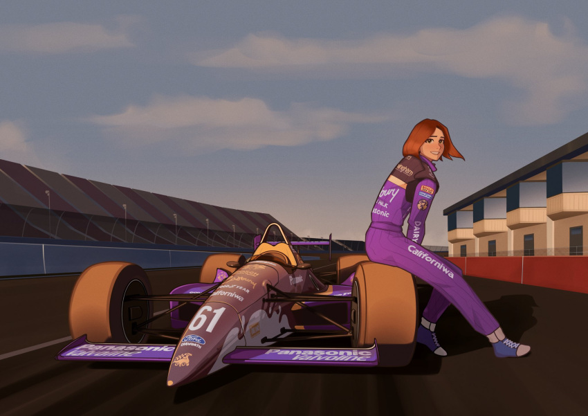 1girl arhentol blue_footwear blush brown_eyes car cloud highres indycar_series motor_vehicle original panasonic_corporation parted_lips race_vehicle racecar racetrack racing_suit raelyn_cunningham shadow shoes sitting sky smile sneakers vehicle_focus