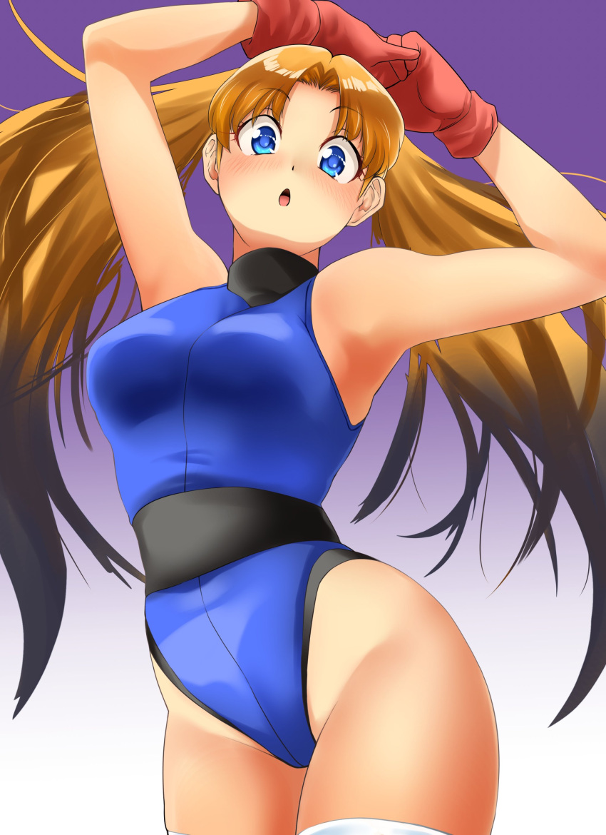 1girl absurdres armpits arms_up athletic_leotard blue_eyes blue_leotard blush breasts brown_hair commentary_request gloves groin highleg highleg_leotard highres leotard long_hair looking_at_viewer nanao_futaba numan_athletics open_mouth own_hands_together red_gloves sharon_les_halles solo thighhighs thighs twintails white_thighhighs