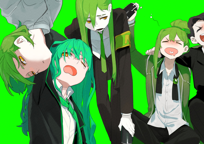 5boys absurdres armband black_hair black_jacket black_pants drunk giovanni_(project_moon) green_background green_necktie hamelon310 highres jacket library_of_ruina lobotomy_corporation long_hair multiple_boys multiple_persona necktie netzach_(project_moon) one_eye_closed open_mouth pants project_moon roland_(library_of_ruina) very_long_hair yawning yellow_eyes