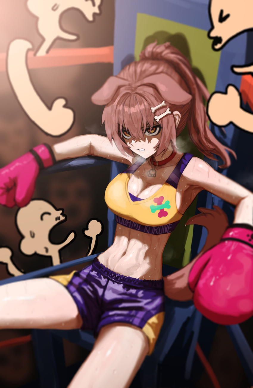 1girl absurdres animal_ears boxing_gloves boxing_ring breasts brown_hair chair cleavage clothes_writing collar dog_ears dog_girl dog_tail english_text failose hair_ornament highres hololive inugami_korone midriff shaded_face shorts sitting sports_bra sweat sweatdrop tail toned virtual_youtuber