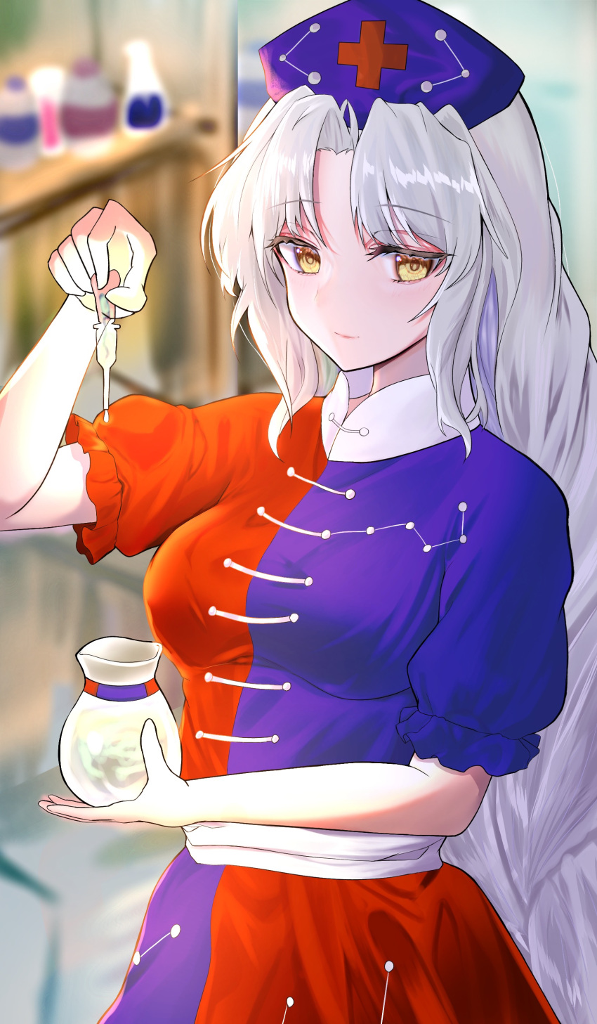 1girl absurdres bangs blurry blurry_background closed_mouth commentary constellation_print dress grey_hair hand_up hat highres holding_pipette lips long_hair looking_at_viewer nurse_cap nyarocks parted_bangs pipette purple_dress purple_headwear red_dress smile solo touhou two-tone_dress upper_body very_long_hair yagokoro_eirin yellow_eyes