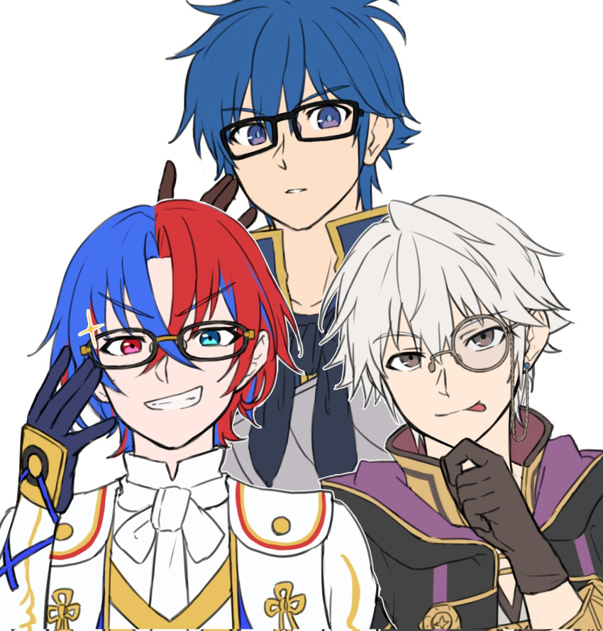 3boys alear_(fire_emblem) alear_(male)_(fire_emblem) blue_eyes blue_hair brown_gloves fire_emblem fire_emblem:_new_mystery_of_the_emblem fire_emblem_awakening fire_emblem_engage glasses gloves hair_between_eyes highres kris_(fire_emblem) kris_(male)_(fire_emblem) looking_at_viewer male_focus monocle multicolored_hair multiple_boys red_eyes red_hair robin_(fire_emblem) robin_(male)_(fire_emblem) short_hair smile tongue tongue_out two-tone_hair white_background white_hair zuzu_(ywpd8853)