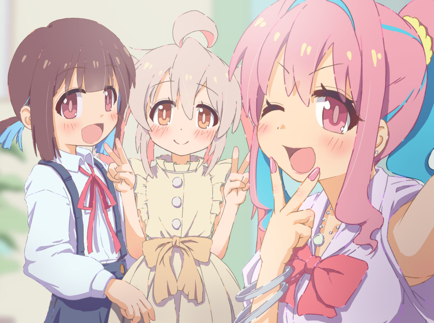 3girls :d absurdres ahoge blue_hair blush bow bowtie bracelet brown_hair closed_mouth double_v genderswap genderswap_(mtf) highres hozuki_kaede hozuki_momiji jewelry looking_at_viewer multicolored_hair multiple_girls nail_polish onii-chan_wa_oshimai! orange_eyes oyama_mahiro pink_eyes pink_hair ribbon school_uniform short_ponytail skirt smile suspender_skirt suspenders tomonx twintails two-tone_hair v