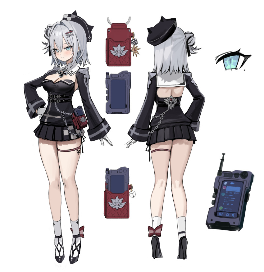 1girl absurdres aqua_eyes azur_lane black_footwear black_hair black_headwear black_skirt blush breasts cleavage closed_mouth commentary_request cross freng gloves grey_hair hair_between_eyes hair_bun hair_ornament hairclip hand_on_own_hip hat high_heels highres iron_cross jade_(azur_lane) long_sleeves looking_at_viewer medium_breasts mole mole_under_eye multicolored_hair multiple_views pleated_skirt reference_sheet shoes short_hair simple_background single_side_bun skirt socks thick_thighs thigh_strap thighs tilted_headwear white_background white_gloves white_socks