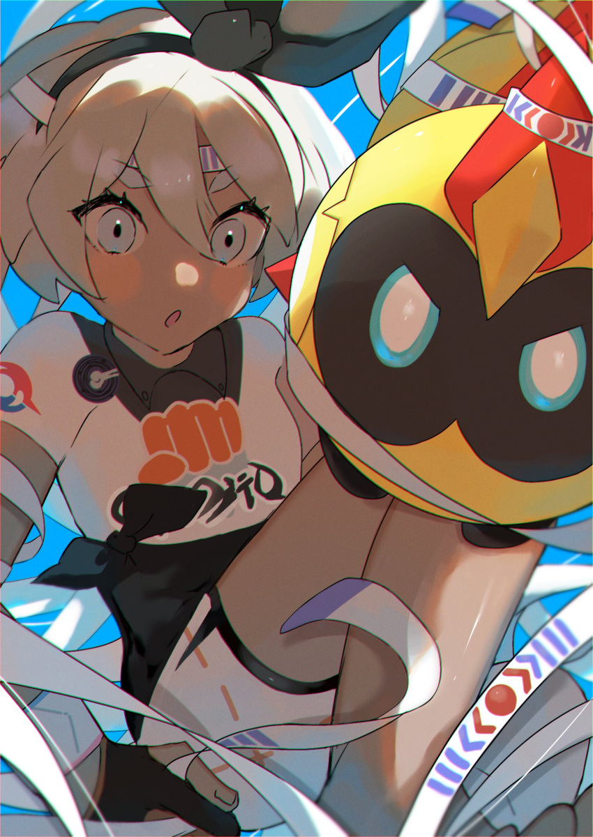 1girl :o barefoot bea_(pokemon) black_bodysuit black_hairband blonde_hair blurry blush_stickers bodysuit bodysuit_under_clothes bow_hairband choice_band collared_shirt commentary_request dynamax_band eyelashes falinks gloves grey_eyes hair_between_eyes hairband headband highres partially_fingerless_gloves pokemon pokemon_(creature) pokemon_(game) pokemon_swsh print_shirt print_shorts shirt short_sleeves shorts side_slit side_slit_shorts tied_shirt ume_(ume_445) white_shorts