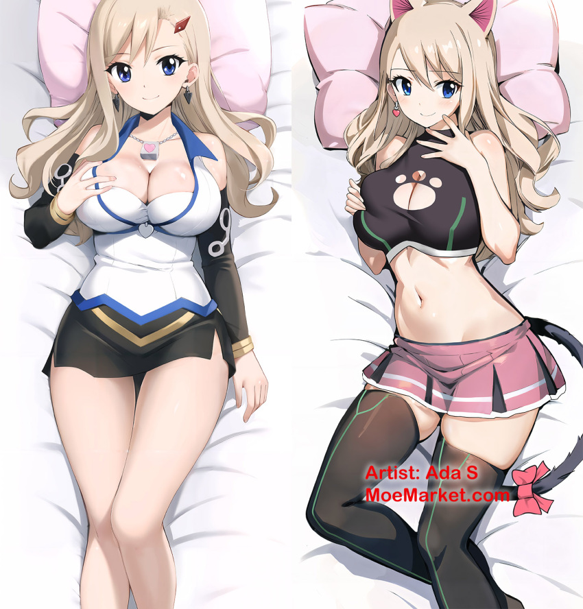 animal_costume animal_ears blonde_hair blue_eyes breasts cat_costume cat_ears dakimakura_(medium) earrings eden's_zero head_grab head_on_pillow highres jewelry large_breasts rebecca_bluegarden skirt wide_hips