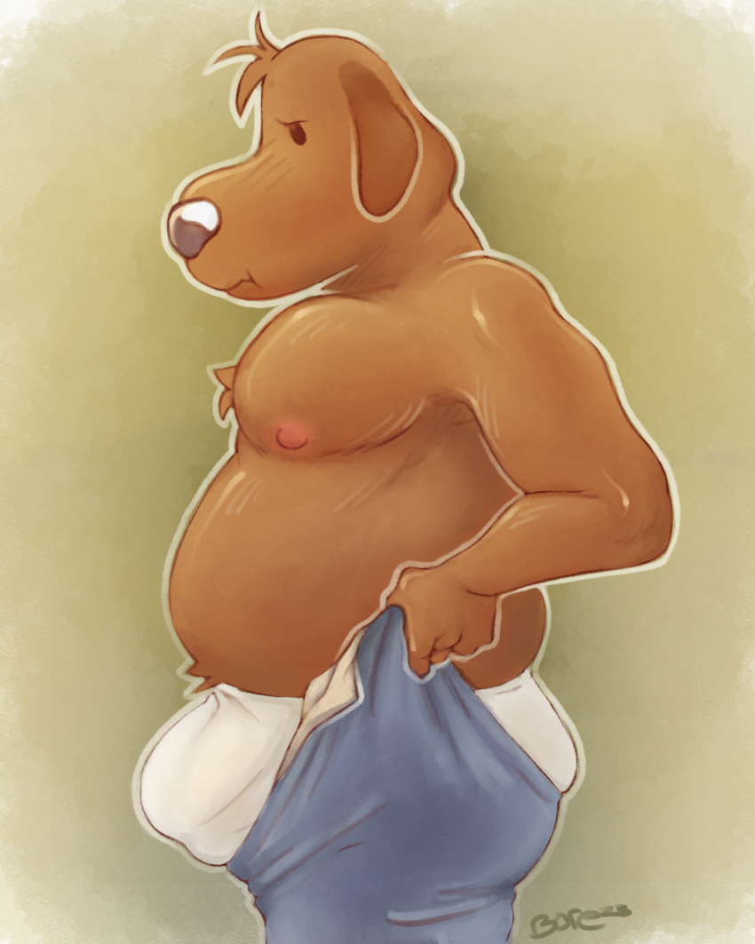 anthro butt canid canine canis chubby_belly chubby_male clothing domestic_dog duo hi_res male male/male mammal nipples pulling_up_pants sam_and_max samuel_dog underwear