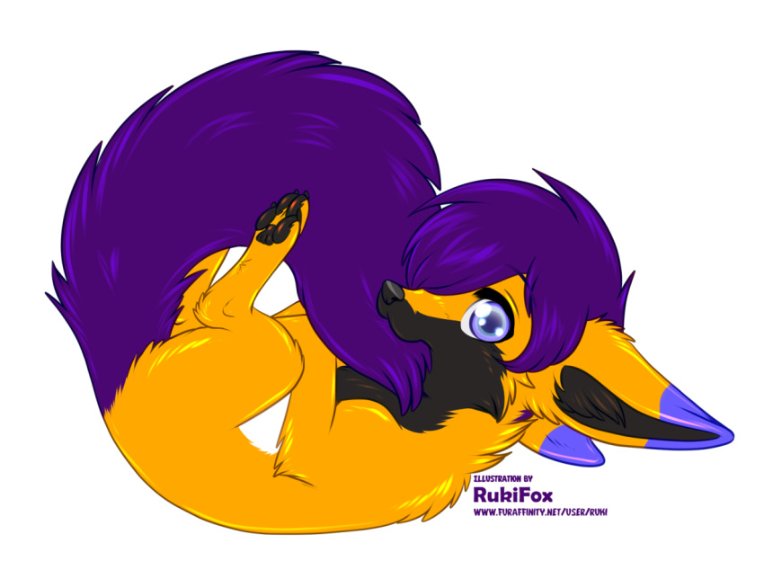 alpha_channel bite canid canine dipstick_ears fennec feral fox hair lying mammal multicolored_ears on_back pawpads paws purple_hair rukifox self_bite simple_background solo tail tail_bite tail_in_mouth transparent_background yellow_body