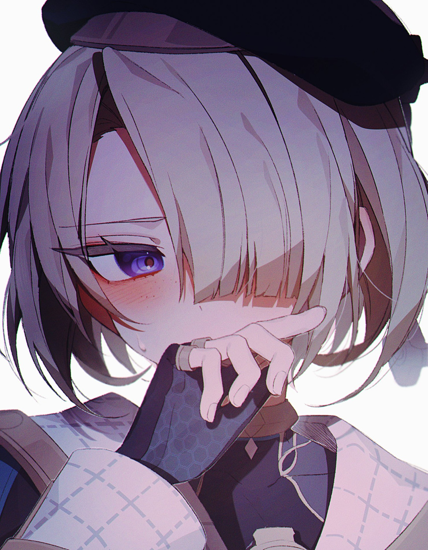 1boy androgynous beret black_gloves black_headwear blonde_hair blue_shirt blush coojisan embarrassed facing_viewer fingerless_gloves freckles freminet_(genshin_impact) genshin_impact gloves hair_over_one_eye hat highres jacket looking_to_the_side male_focus one_eye_covered purple_eyes shirt short_hair solo white_jacket