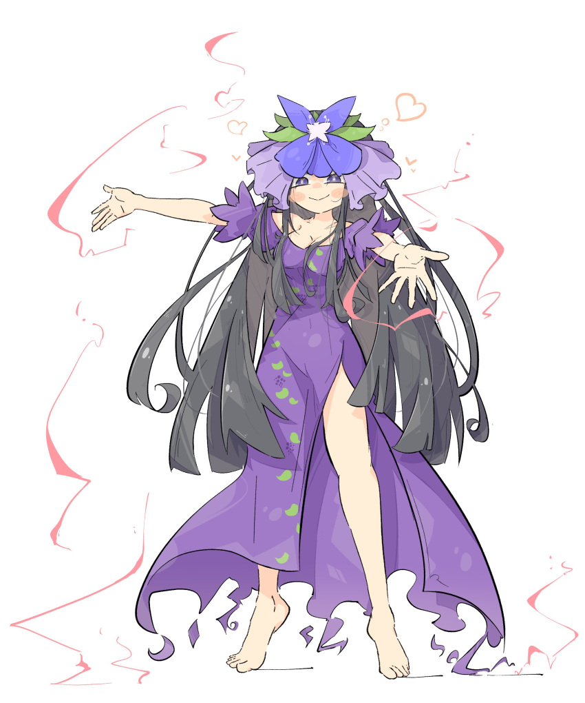 1girl absurdres barefoot black_hair blush breasts cleavage dress flower grin hair_flower hair_ornament hands_up heart highres long_hair looking_at_viewer primsla puffy_short_sleeves puffy_sleeves purple_dress purple_eyes short_sleeves simple_background single_bare_leg smile solo spread_fingers spread_legs standing toes touhou unfinished_dream_of_all_living_ghost white_background yomotsu_hisami