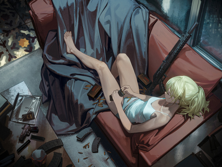 1girl ak-74m bare_legs bare_shoulders barefoot blonde_hair feet from_above gun handgun highres kalashnikov_rifle legs magazine_(weapon) original panties reloading rff_(3_percent) sitting solo tank_top underwear walther weapon white_panties white_tank_top