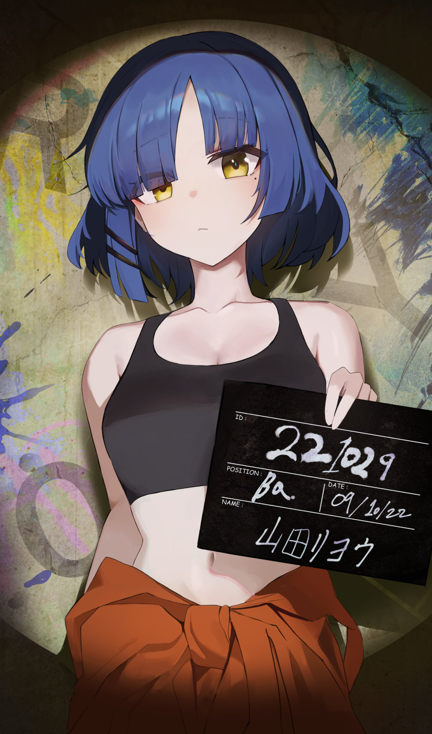 1girl absurdres bare_shoulders black_tank_top blue_hair bocchi_the_rock! breasts cleavage highres holding holding_sign midriff mole mole_under_eye n8_(buse1601) navel short_hair sign solo spotlight stomach tank_top yamada_ryo yellow_eyes
