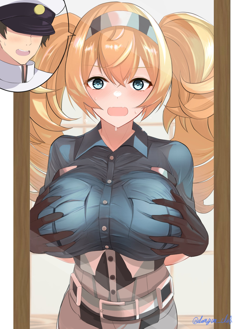 1girl absurdres admiral_(kancolle) blonde_hair blue_eyes blue_shirt blush body_switch breast_pocket breasts commission dangan_kurabu gambier_bay_(kancolle) gloves grabbing_own_breast hair_between_eyes hairband high_side_ponytail highres kantai_collection large_breasts long_hair mirror multicolored_clothes multicolored_gloves open_mouth personality_switch pocket shirt short_sleeves signature skeb_commission solo twintails