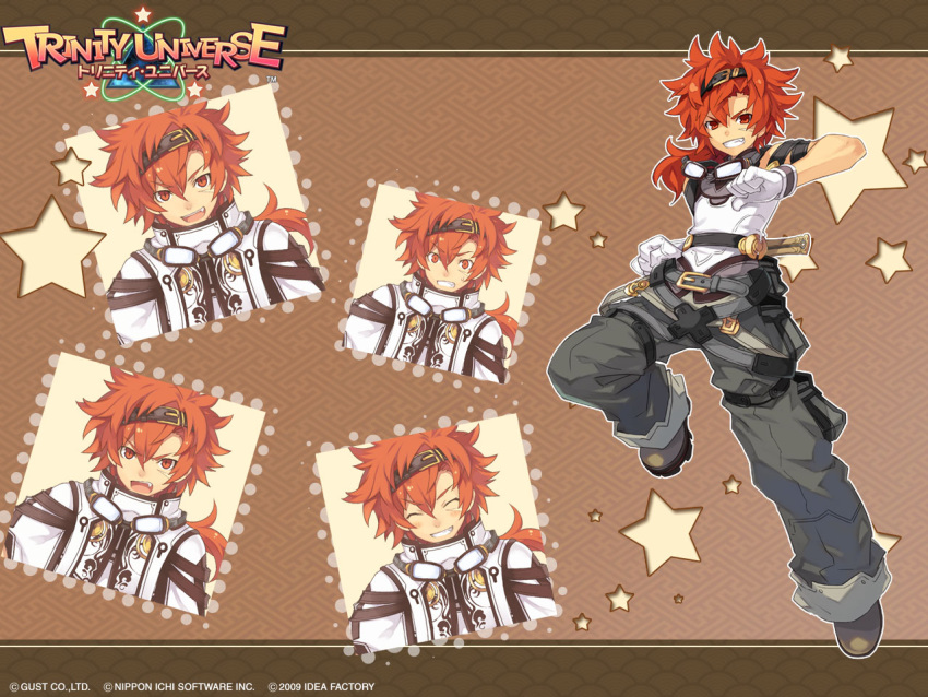1boy 2009 angry belt closed_eyes expressions gloves goggles goggles_around_neck hair_between_eyes logo male_focus official_art official_wallpaper open_mouth pants recit_(trinity_universe) red_eyes red_hair scar scar_on_face smile star_(symbol) star_print teeth trinity_universe tsunako white_gloves