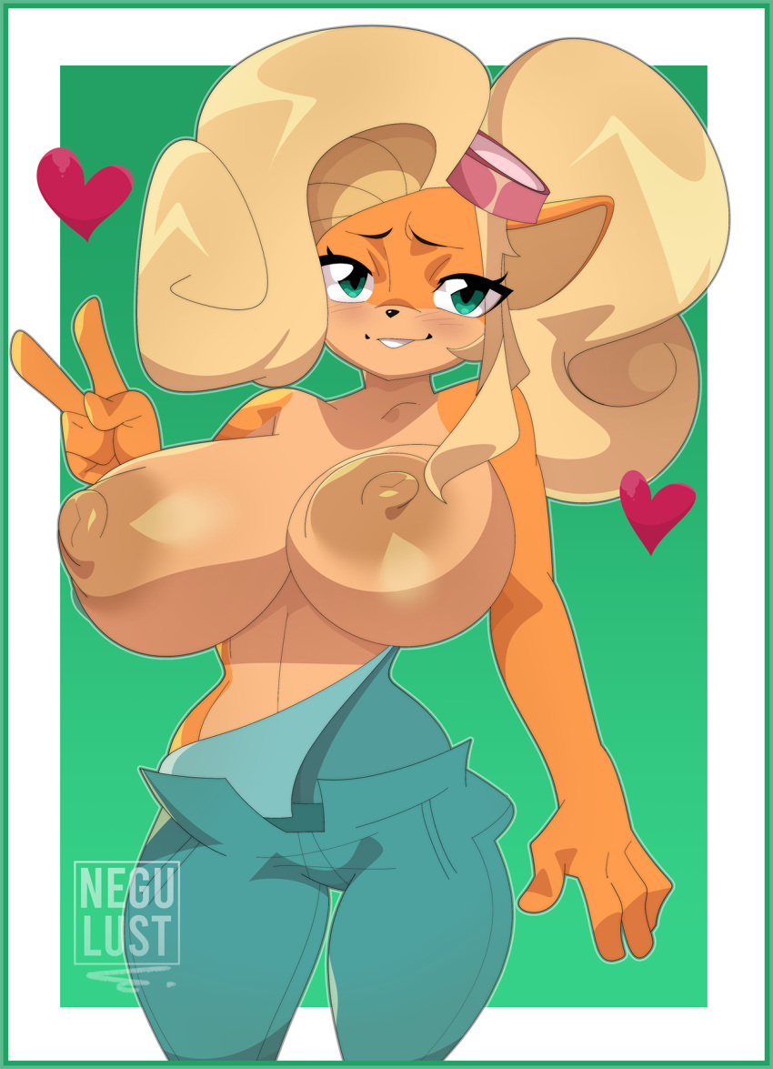 &lt;3 2023 4_fingers activision anthro areola bandicoot big_breasts biped blonde_hair breasts clothing coco_bandicoot crash_bandicoot_(series) digital_media_(artwork) eyewear eyewear_on_head female fingers front_view gesture goggles goggles_on_head green_eyes hair hi_res huge_breasts looking_at_viewer mammal marsupial negullust nipples overalls overalls_down overalls_only portrait smile smiling_at_viewer solo three-quarter_portrait v_sign