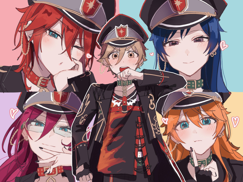 1boy 4girls akehoshi_subaru amagi_rinne blue_background blue_eyes blue_hair blush brown_eyes closed_mouth ensemble_stars! fushimi_yuzuru genderswap genderswap_(mtf) glasses hat heart highres idol_clothes light_brown_hair long_hair looking_at_viewer mashiro_tomoya mole mole_under_eye multicolored_eyes multiple_girls nighthead_(ensemble_stars!) one_eye_closed orange_hair peaked_cap pink_hair purple_background purple_eyes rabi_(r_b_0215) red_background red_hair saegusa_ibara yellow_background