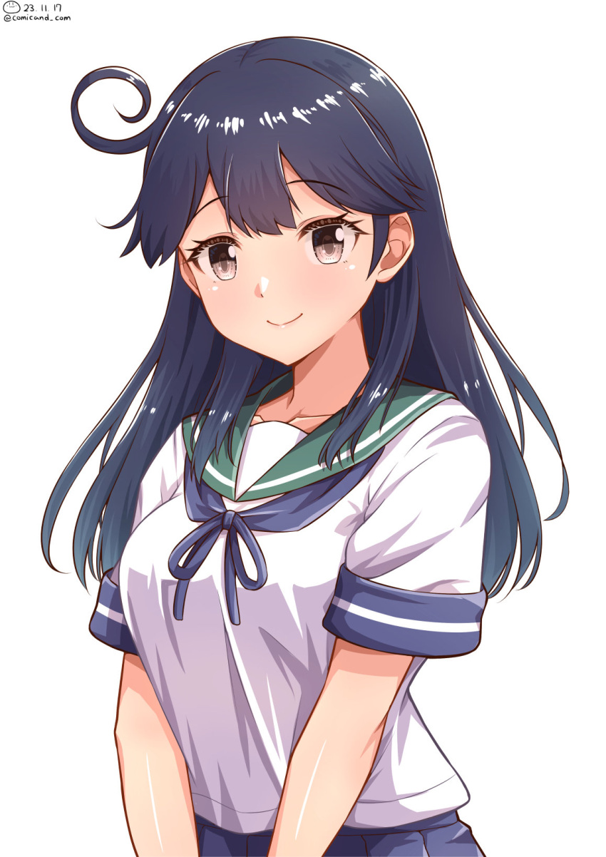 1girl ahoge black_hair blush breasts brown_eyes highres kantai_collection large_breasts long_hair looking_at_viewer school_uniform serafuku shiromaru_(maniado) smile solo upper_body ushio_(kancolle)