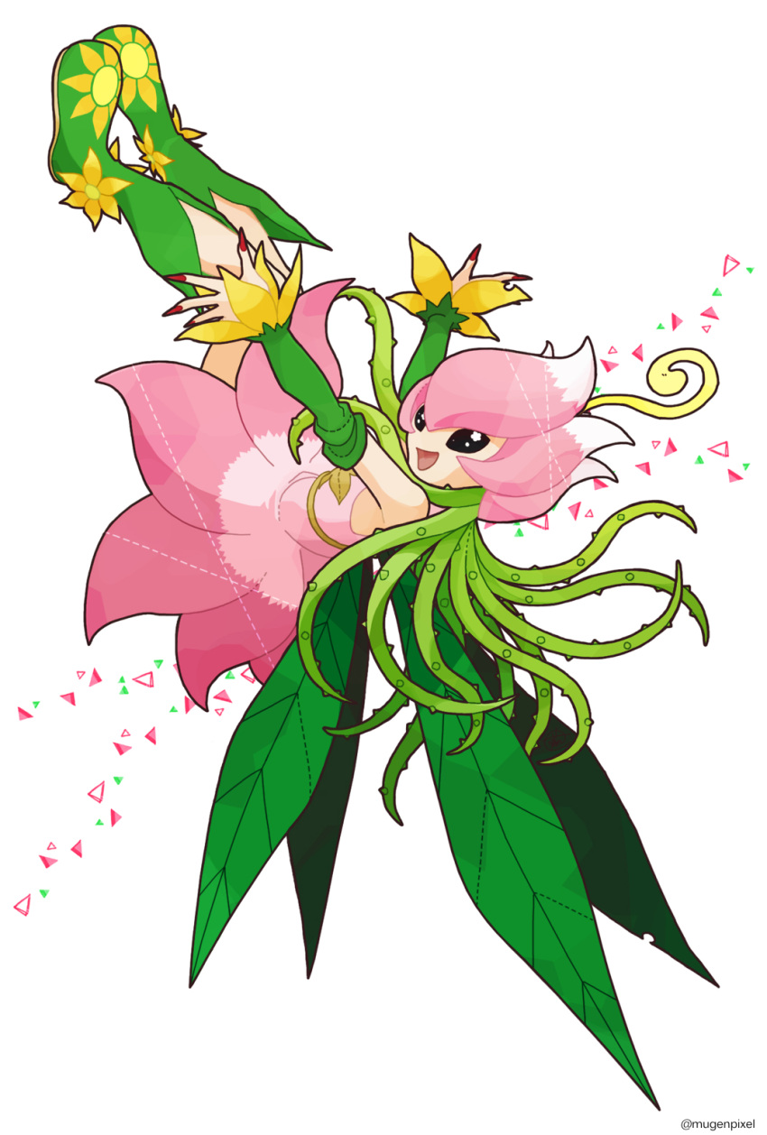 boots detached_sleeves digimon digimon_(creature) dress fairy flower fujihana_(mugenpixel) full_body green_footwear green_sleeves hair_vines highres knee_boots leaf_wings lilimon looking_at_viewer monster_girl nail_polish open_mouth petals pink_dress plant plant_girl simple_background solo white_background