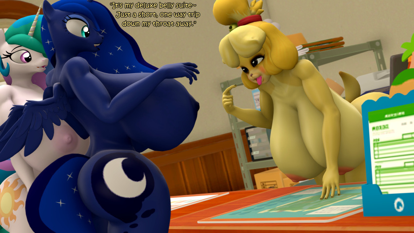 3d_(artwork) absurd_res animal_crossing anthro anthro_pred anthro_prey anthrofied areola big_breasts big_butt breasts butt canid canine canis coriponer crossover dialogue digital_media_(artwork) domestic_dog english_text equid equine female female_pred female_prey friendship_is_magic group hasbro hi_res horn huge_breasts imminent_oral_vore imminent_vore inside isabelle_(animal_crossing) mammal my_little_pony nintendo nipples office pointing_at_mouth princess_celestia_(mlp) princess_luna_(mlp) sequence sibling_(lore) sister_(lore) sisters_(lore) source_filmmaker talking_to_another text tongue tongue_out trio willing_prey winged_unicorn wings