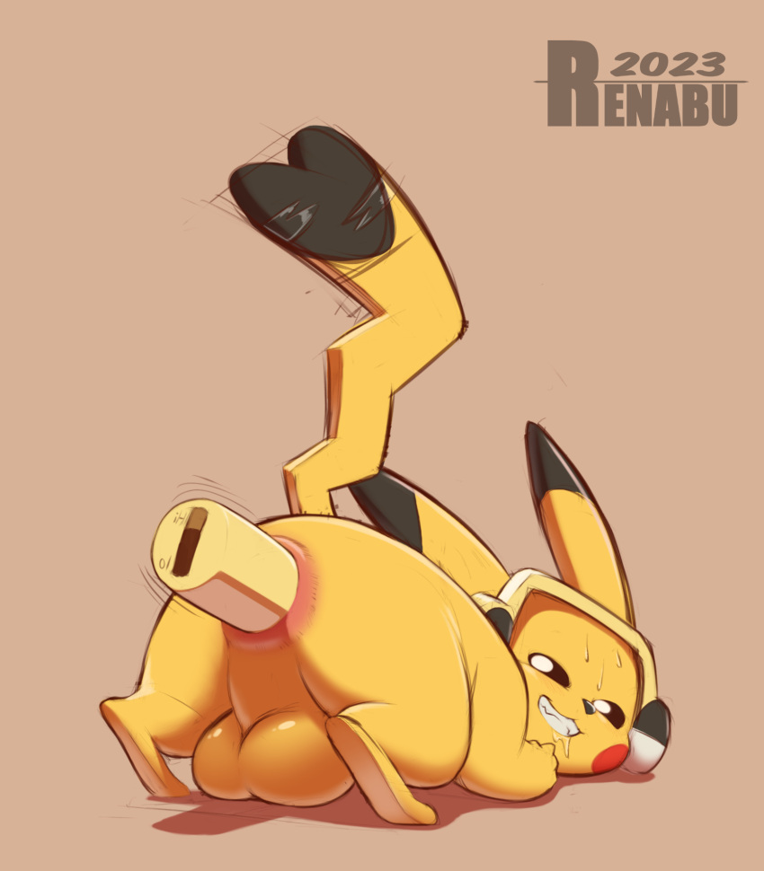 anal anus backsack balls butt erection generation_1_pokemon genitals headphones hi_res male nintendo penis pikachu pokemon pokemon_(species) renabu sex_toy solo vibrator